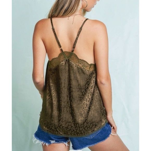 La Miel Lace Trim Silky Camisole Leopard Print Olive Color Size Large NWT - Picture 3 of 7
